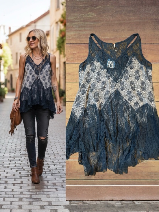 Free People Tops - Free People Printed Cami Bell Trapeze Tank Top - Boho Lace Tunic NWT Size Small